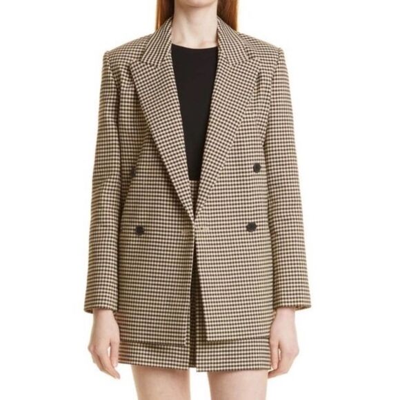 Rebecca Taylor Plaid Check Double-Breasted Blazer Linen Blend Lined in Expresso - Picture 2 of 16
